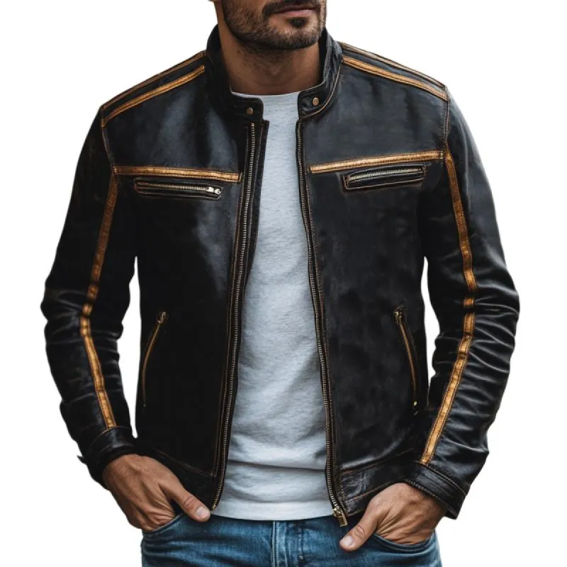 Men's Vintage Fashion Color Matching Multi-Pocket Leather Jacket 85399893Y sold by Manly
