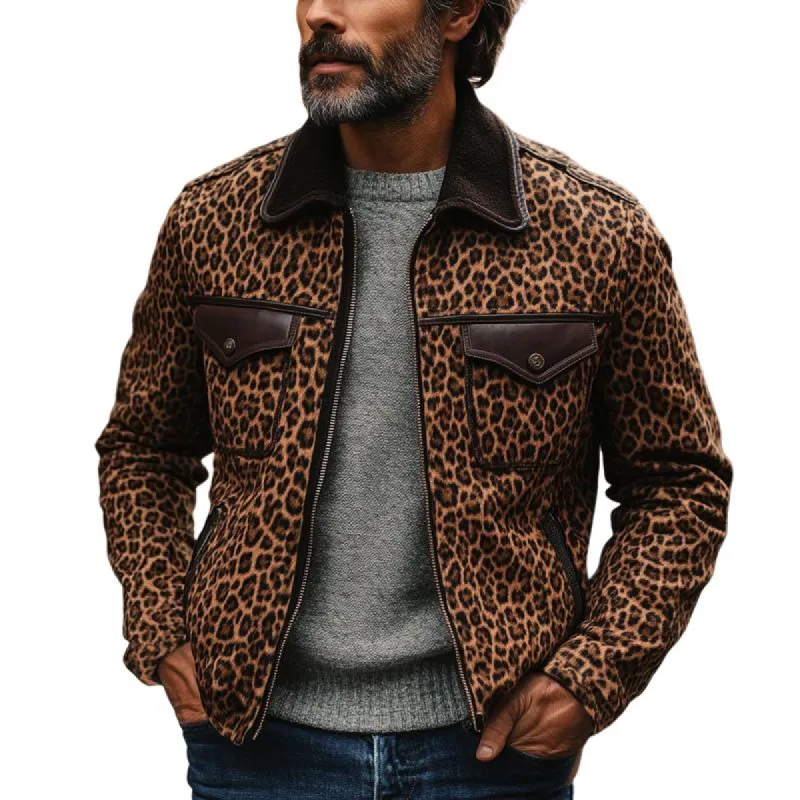 Men's Vintage Leopard Suede Stitching Leather Multi-Pocket Zipper Jacket 21640666Y sold by Manly