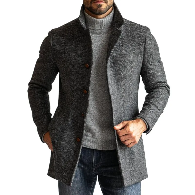 Men's Retro Herringbone Woolen Single-Breasted Mid-Length Coat 25755149Y sold by Manly