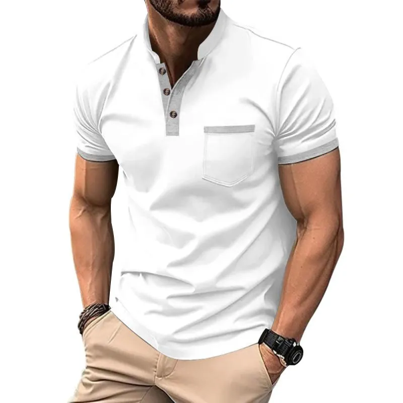 Men's Colorblock Henley Collar Chest Pocket Short Sleeve T-shirt 20900398Z sold by Manly