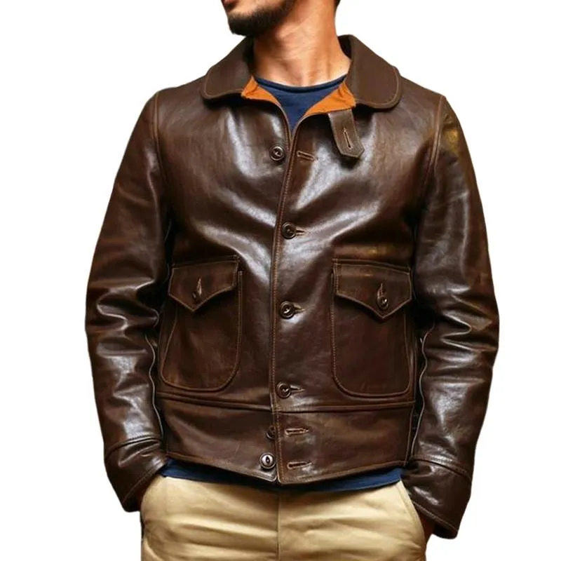 Men's Classic Lapel Shiny Leather Jacket 79561353F sold by Manly