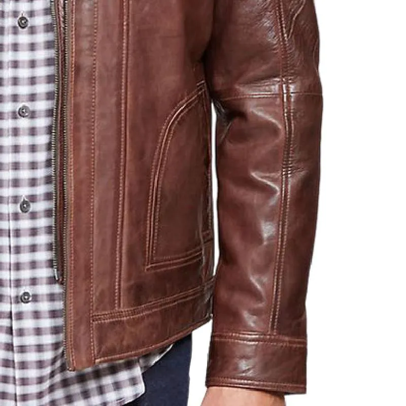 Men's Retro Stand Collar Fake Two-Piece Leather Jacket 85238592F sold by Manly product image thumbnail 4