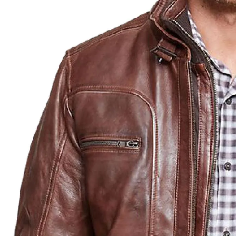Men's Retro Stand Collar Fake Two-Piece Leather Jacket 85238592F sold by Manly product image thumbnail 3