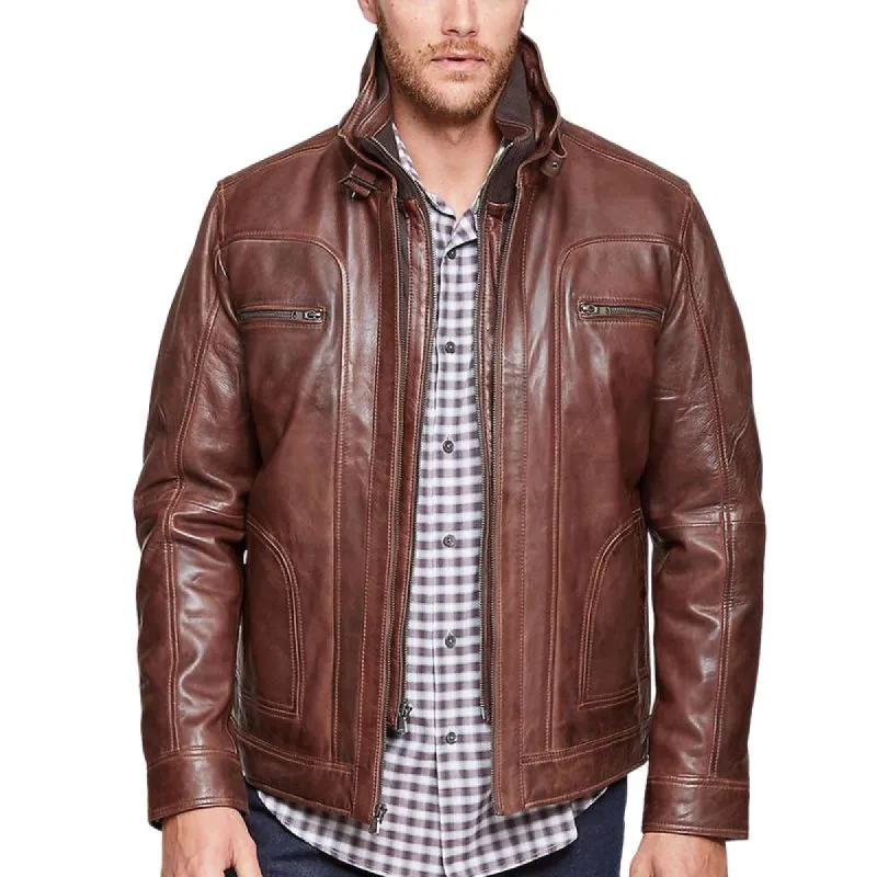 Men's Retro Stand Collar Fake Two-Piece Leather Jacket 85238592F sold by Manly