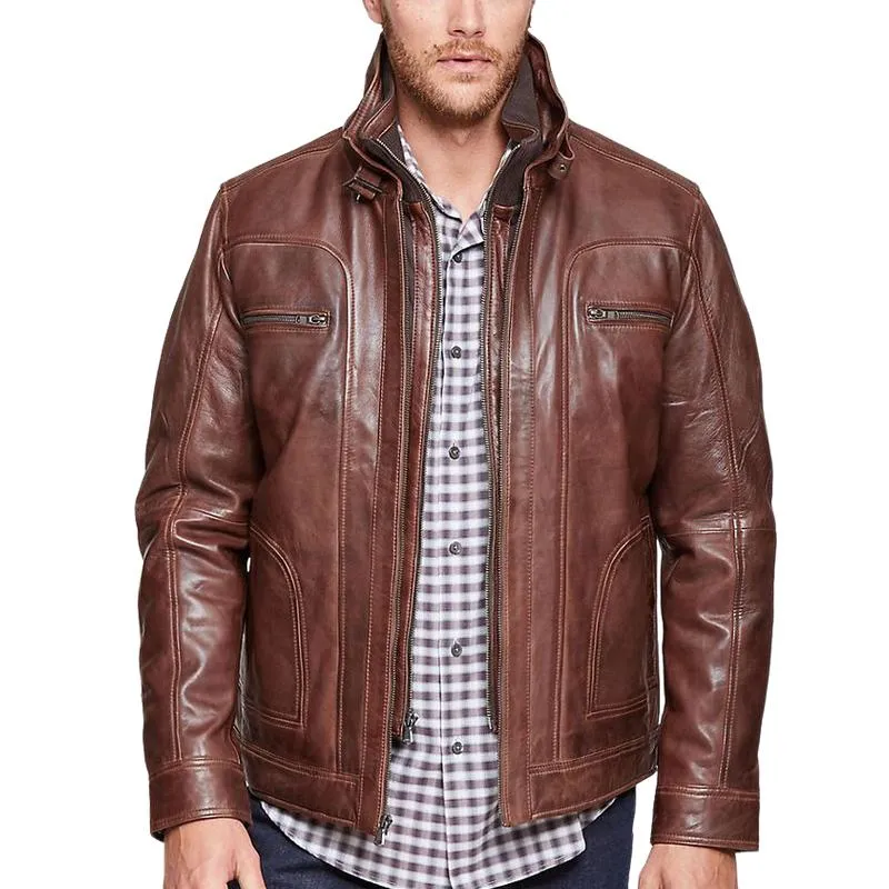 Men's Retro Stand Collar Fake Two-Piece Leather Jacket 85238592F sold by Manly