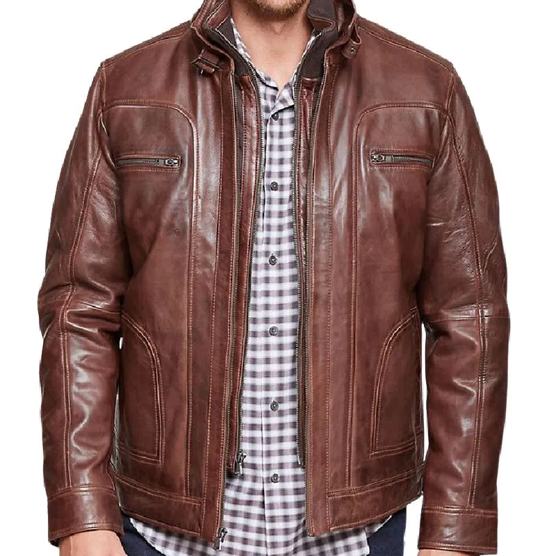 Men's Retro Stand Collar Fake Two-Piece Leather Jacket 85238592F sold by Manly product image thumbnail 2