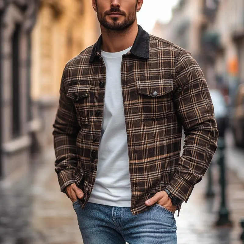 Men's Casual Plaid Print Patchwork Lapel Loose Shirt Jacket 53502493M sold by Manly product image thumbnail 2