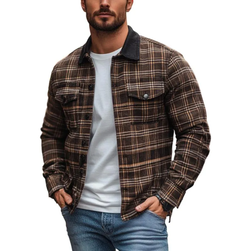 Men's Casual Plaid Print Patchwork Lapel Loose Shirt Jacket 53502493M sold by Manly