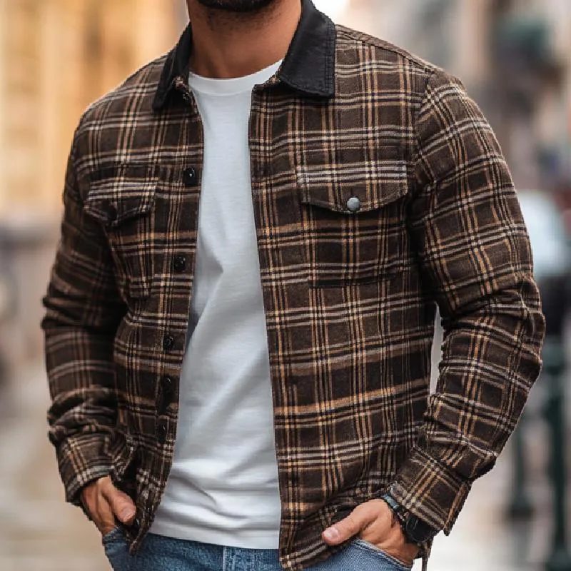 Men's Casual Plaid Print Patchwork Lapel Loose Shirt Jacket 53502493M sold by Manly product image thumbnail 3