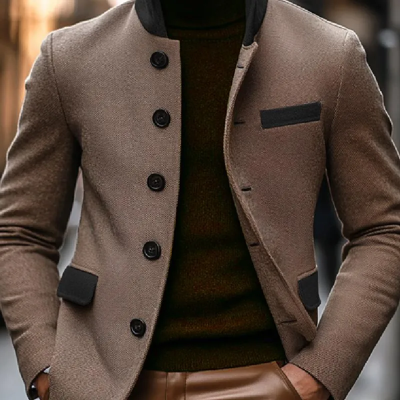 Men's Vintage Colorblock Wool Blended Stand Collar Slim Blazer 12526622M sold by Manly product image thumbnail 3