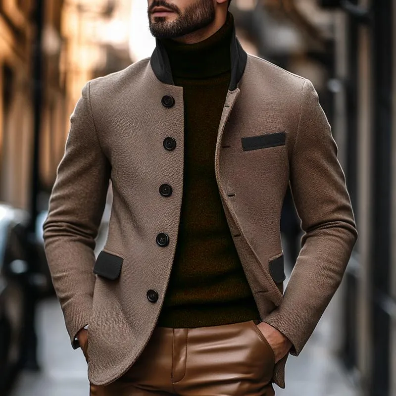 Men's Vintage Colorblock Wool Blended Stand Collar Slim Blazer 12526622M sold by Manly product image thumbnail 2