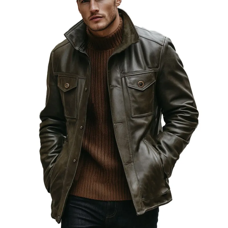 Men's Vintage Dark Green Button Leather Jacket 63056560U sold by Manly