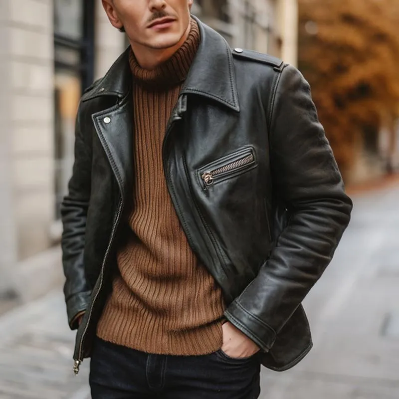 Men's Plain Black Lapel Zipper Leather Jacket 40617630U sold by Manly product image thumbnail 2