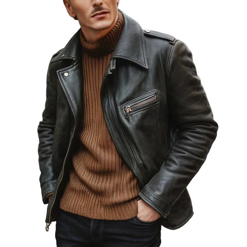 Men's Plain Black Lapel Zipper Leather Jacket 40617630U sold by Manly