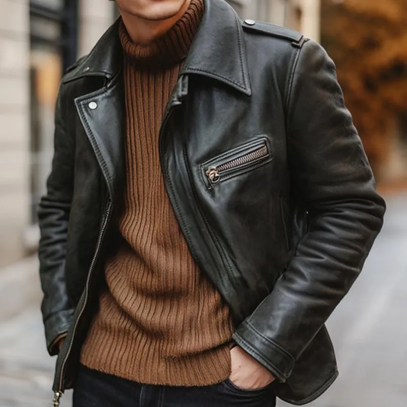 Men's Plain Black Lapel Zipper Leather Jacket 40617630U sold by Manly product image thumbnail 3