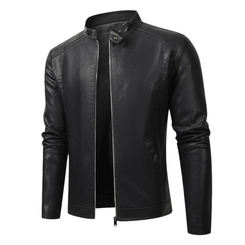 Men's Black Zippered Leather Motorcycle Jacket 42117242U sold by Manly