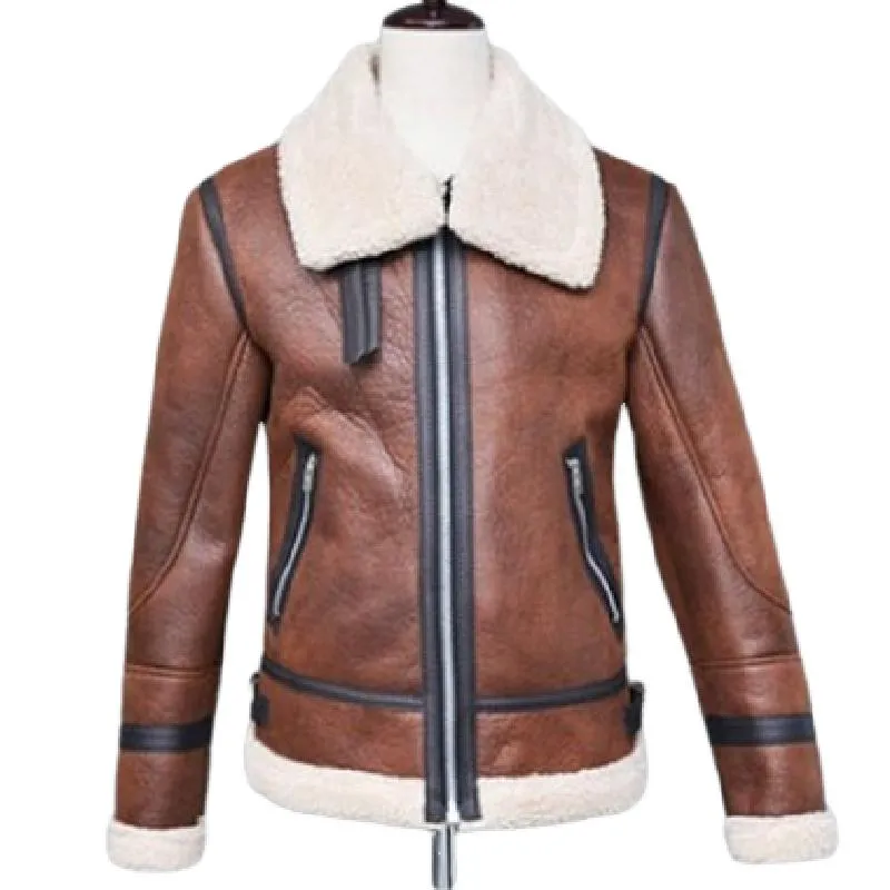 Men's Vintage Lambswool Warm Lapel Zipper Motorcycle Leather Jacket 90000653M sold by Manly product image thumbnail 3
