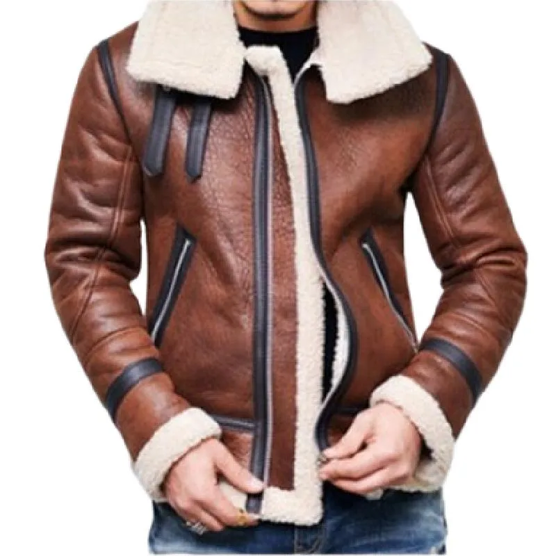 Men's Vintage Lambswool Warm Lapel Zipper Motorcycle Leather Jacket 90000653M sold by Manly product image thumbnail 2