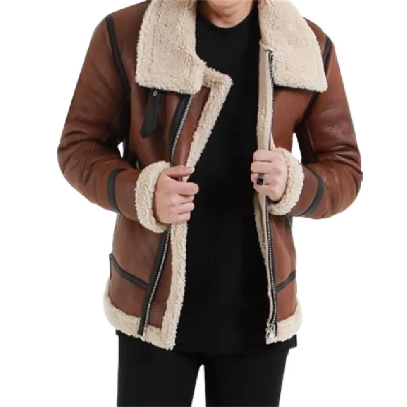 Men's Vintage Lambswool Warm Lapel Zipper Motorcycle Leather Jacket 90000653M sold by Manly