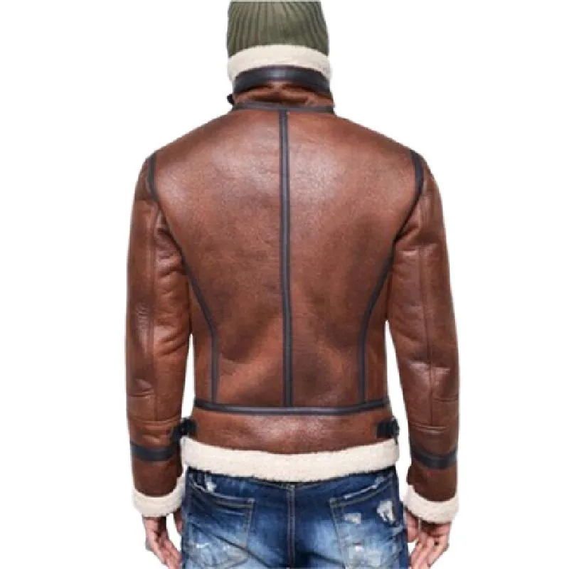 Men's Vintage Lambswool Warm Lapel Zipper Motorcycle Leather Jacket 90000653M sold by Manly product image thumbnail 4