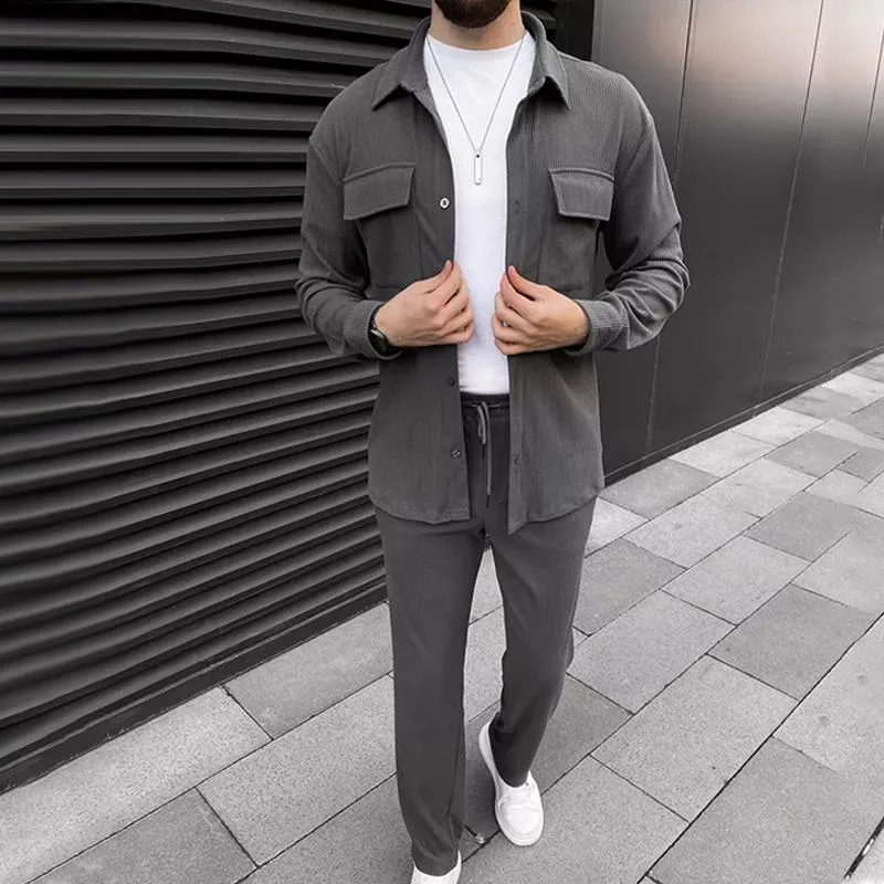 Men's Solid Corduroy Lapel Chest Pocket Jacket Trousers Casual Set 09989162Z sold by Manly product image thumbnail 3