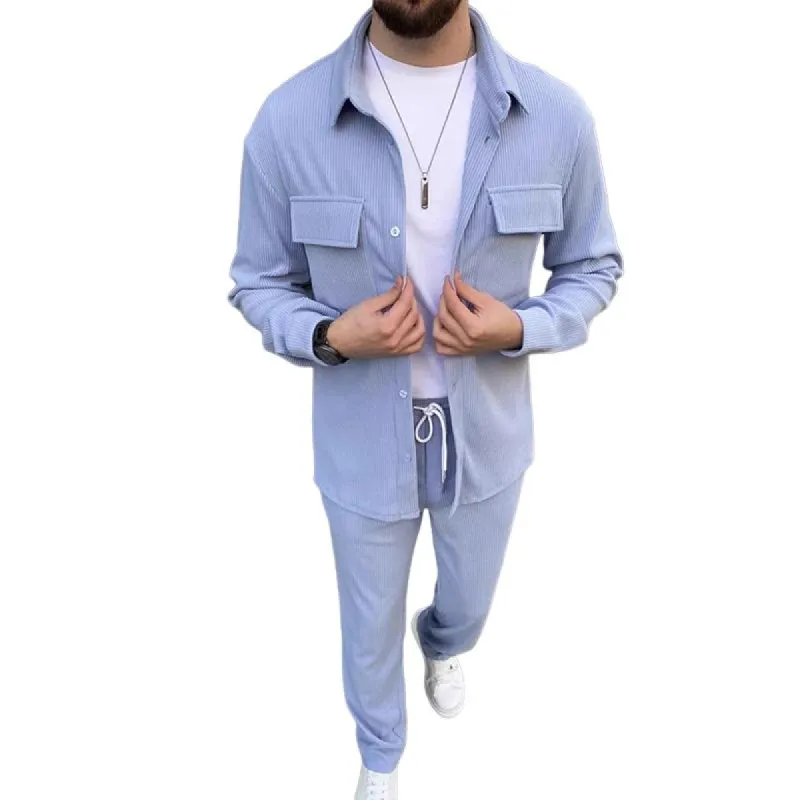 Men's Solid Corduroy Lapel Chest Pocket Jacket Trousers Casual Set 09989162Z sold by Manly