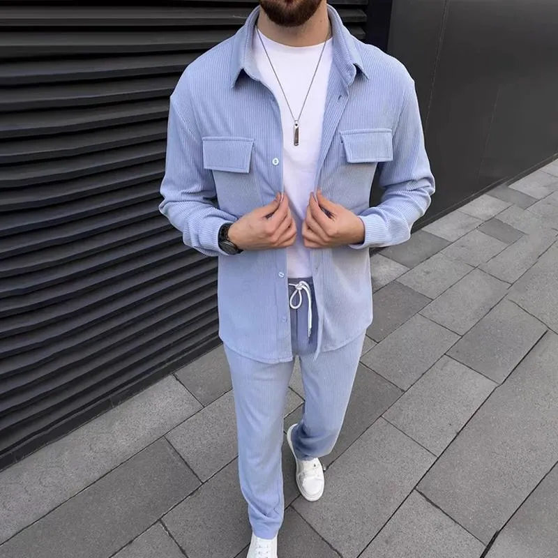 Men's Solid Corduroy Lapel Chest Pocket Jacket Trousers Casual Set 09989162Z sold by Manly product image thumbnail 2