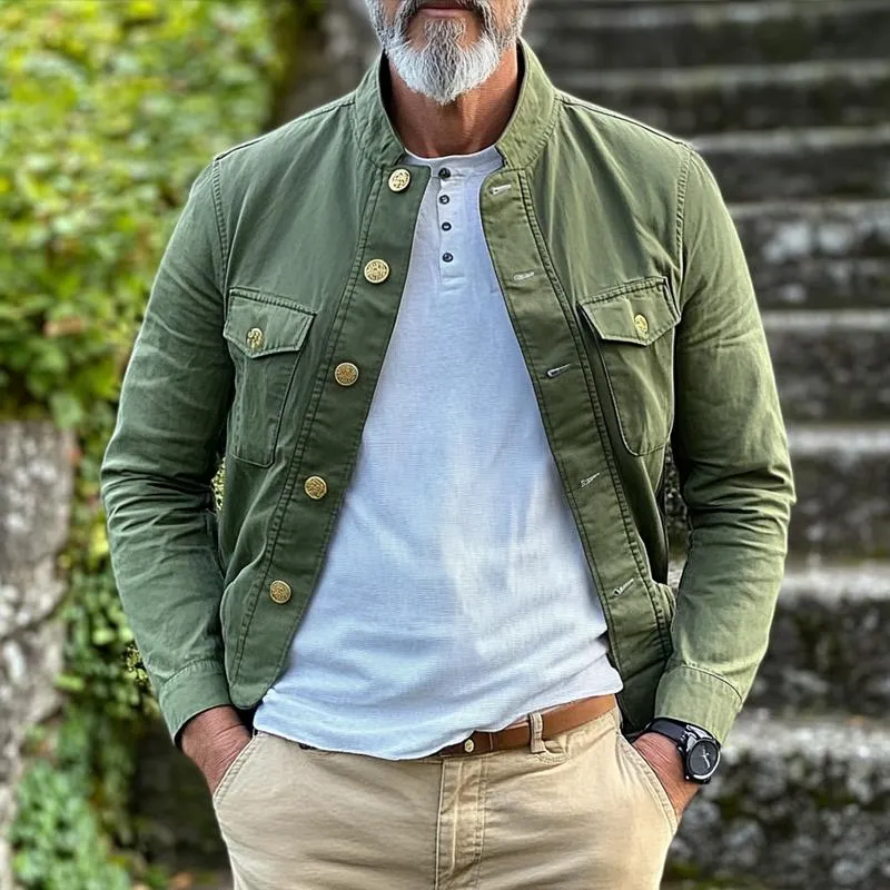 Men's Retro Solid Color Stand Collar Multi-pocket Single Breasted Cargo Jacket 90754996Z sold by Manly product image thumbnail 2