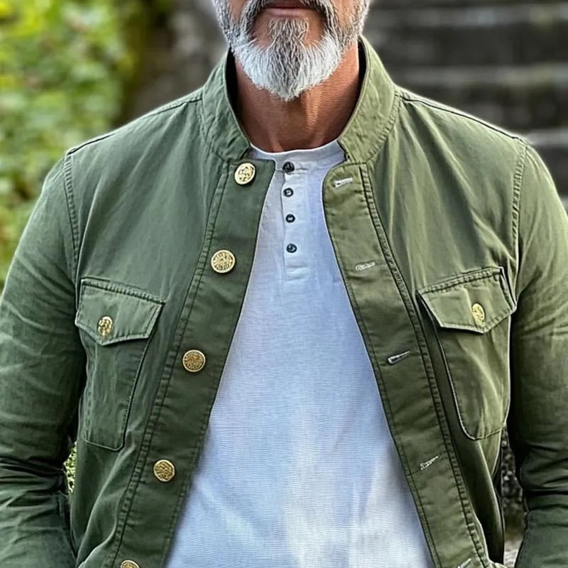 Men's Retro Solid Color Stand Collar Multi-pocket Single Breasted Cargo Jacket 90754996Z sold by Manly product image thumbnail 3