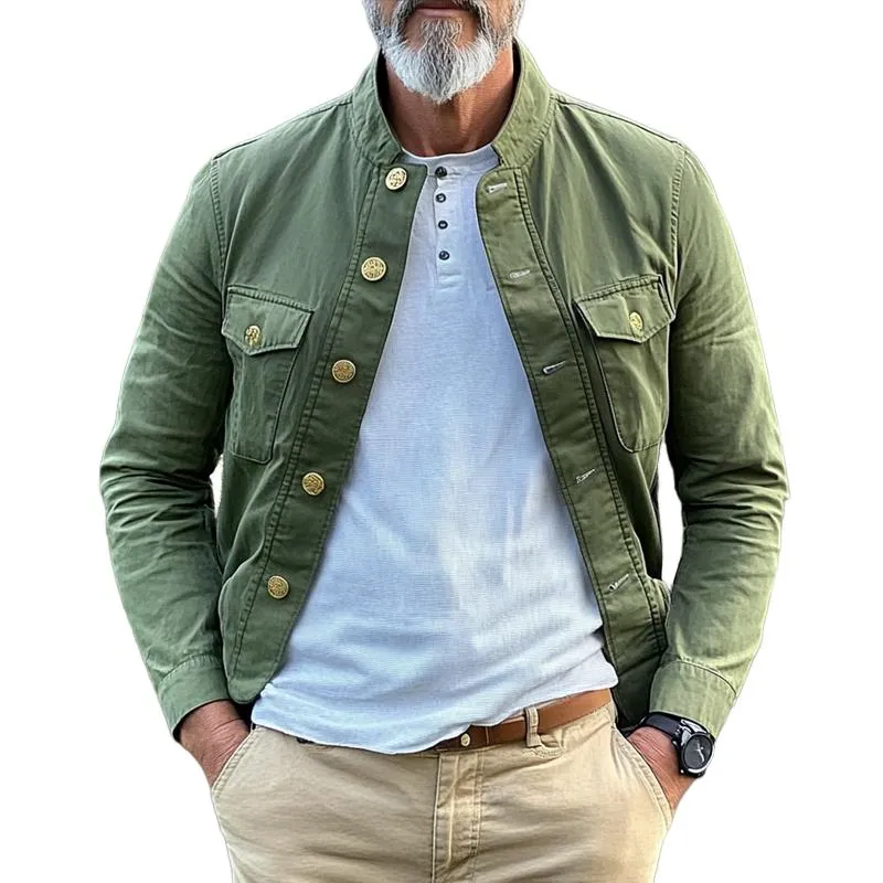 Men's Retro Solid Color Stand Collar Multi-pocket Single Breasted Cargo Jacket 90754996Z sold by Manly