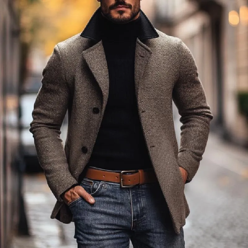 Men's Vintage Colorblock Wool Blend Notch Lapel Single Breasted Coat 84465923M sold by Manly product image thumbnail 2
