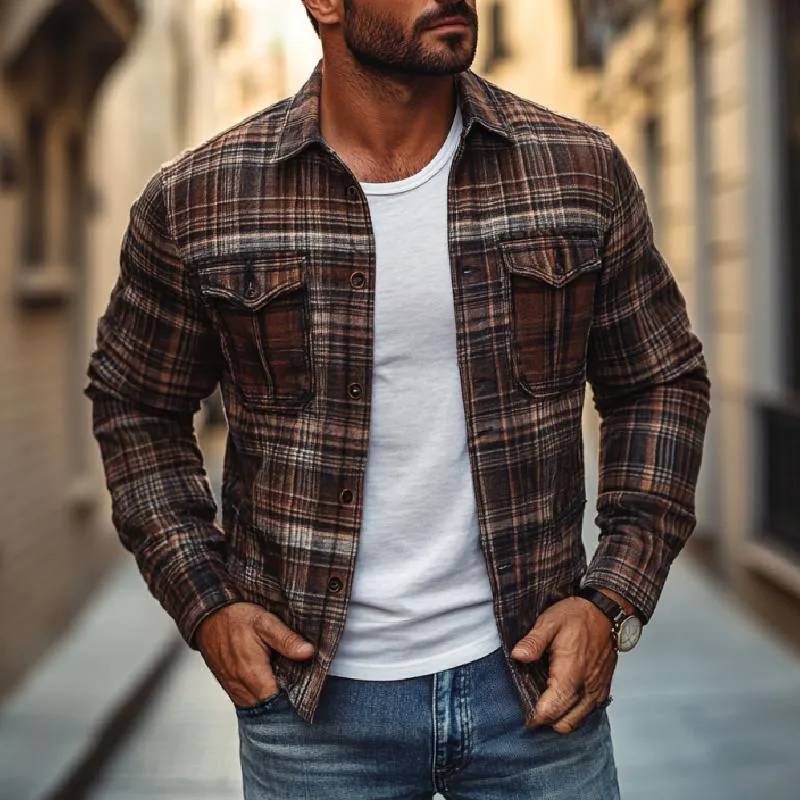 Men's Casual Plaid Print Lapel Loose Shirt Jacket 37070480M sold by Manly product image thumbnail 2