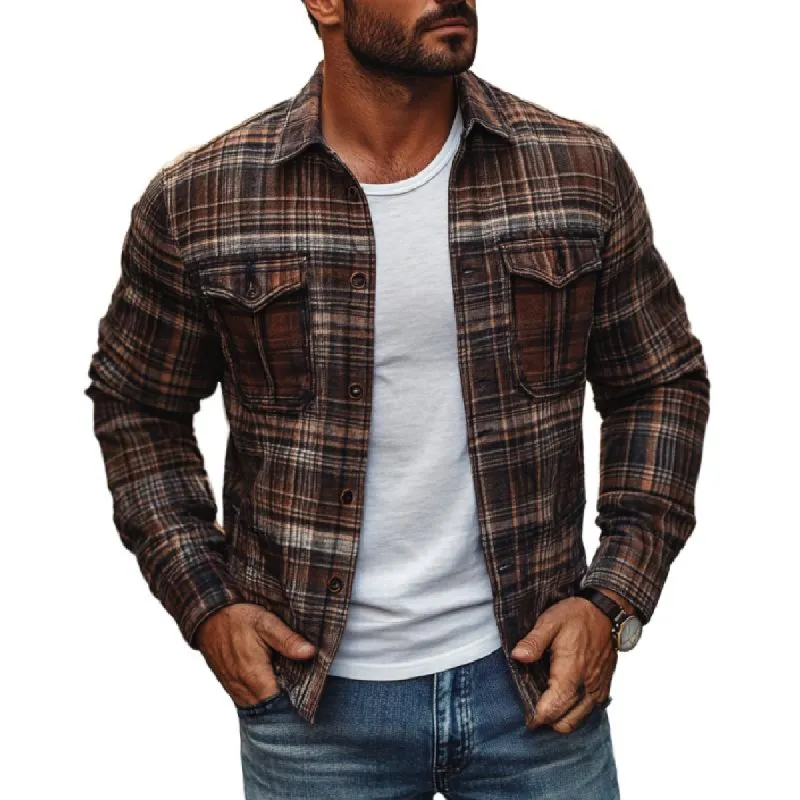 Men's Casual Plaid Print Lapel Loose Shirt Jacket 37070480M sold by Manly