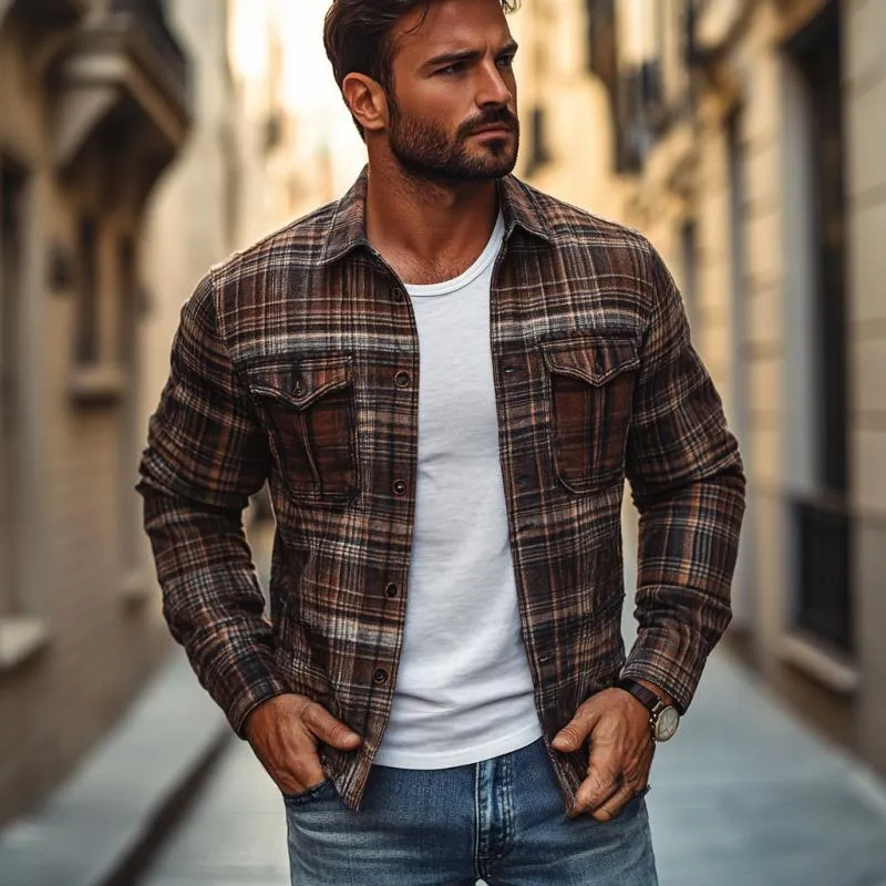 Men's Casual Plaid Print Lapel Loose Shirt Jacket 37070480M sold by Manly product image thumbnail 3