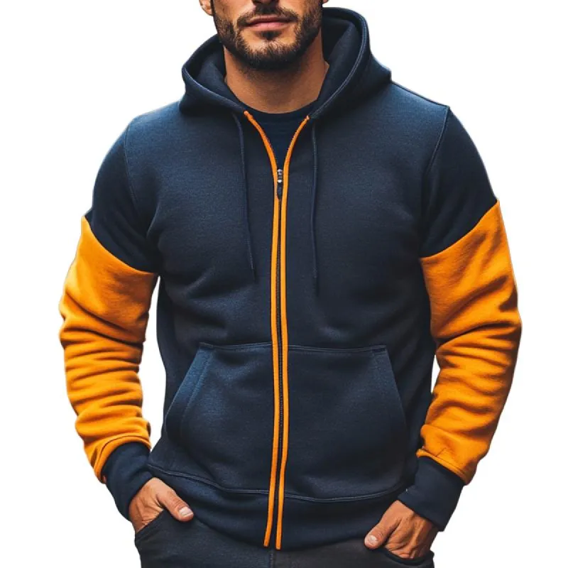 Men's Retro Casual Colorblock Stand Collar Hooded Zipper Sweatshirt 24194376TO sold by Manly