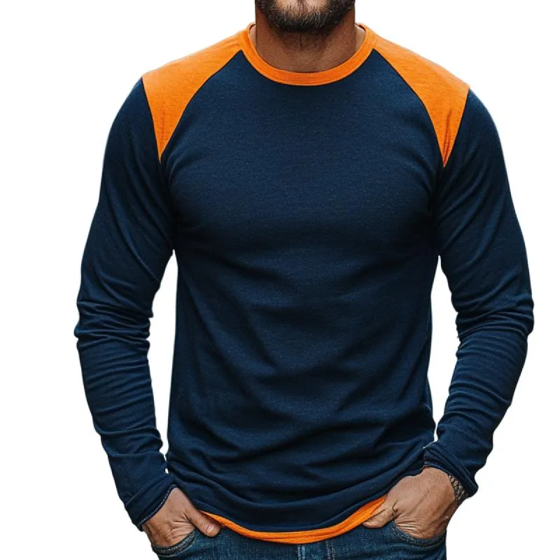 Men's Retro Casual Colorblock Round Neck Long Sleeve T-Shirt 05591873TO sold by Manly