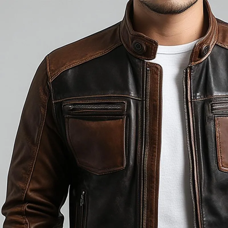 Men's Vintage Colorblock Zip-Up Leather Jacket 36469749U sold by Manly product image thumbnail 2