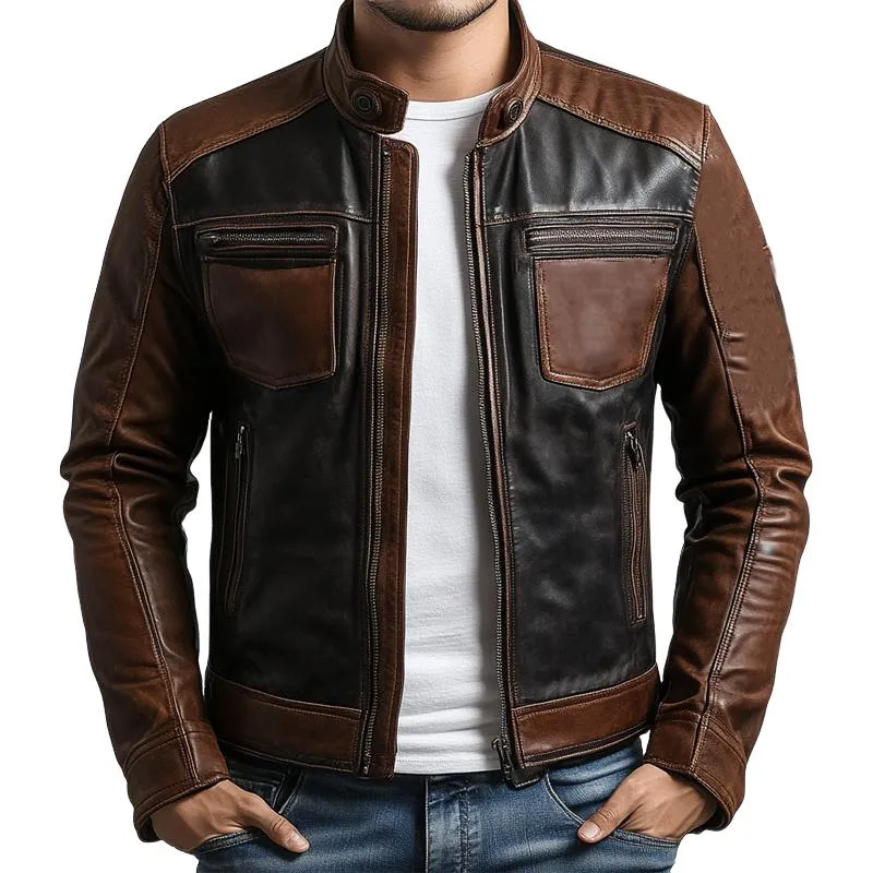 Men's Vintage Colorblock Zip-Up Leather Jacket 36469749U sold by Manly