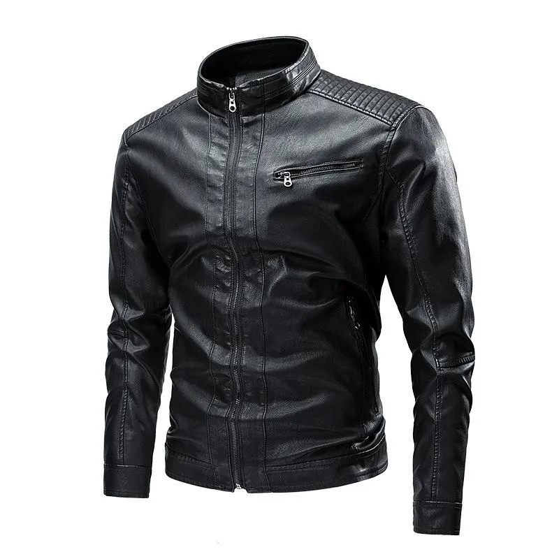 Men's Solid Color Leather Zip-Up Motorcycle Jacket 27903055U sold by Manly product image thumbnail 4