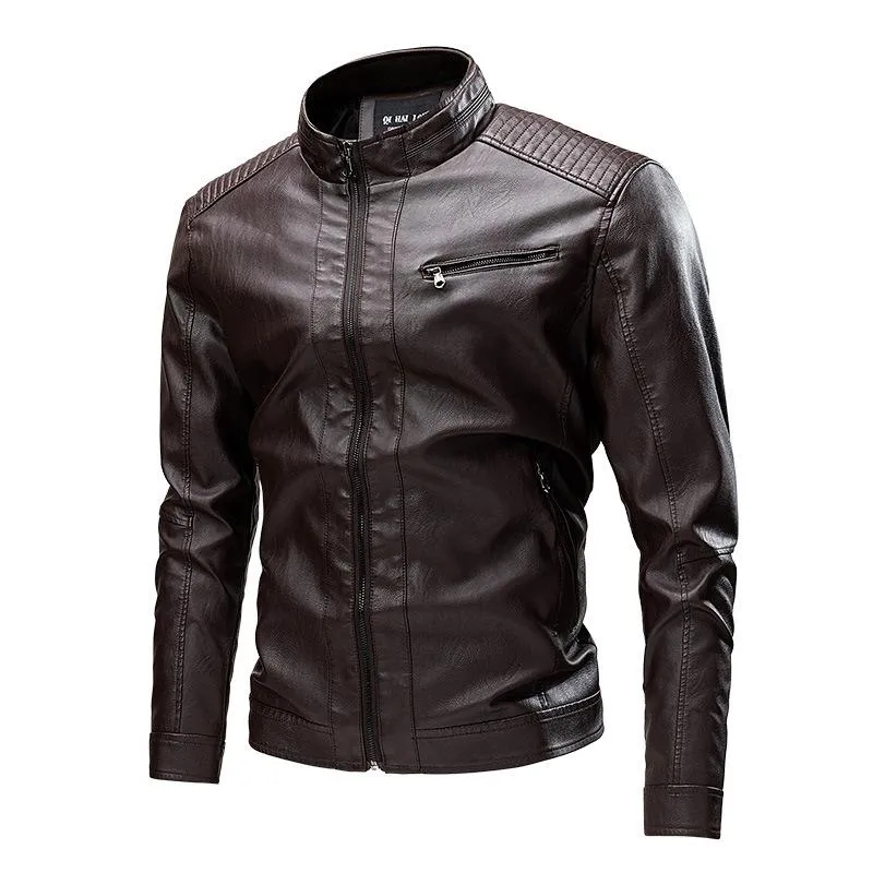 Men's Solid Color Leather Zip-Up Motorcycle Jacket 27903055U sold by Manly product image thumbnail 3