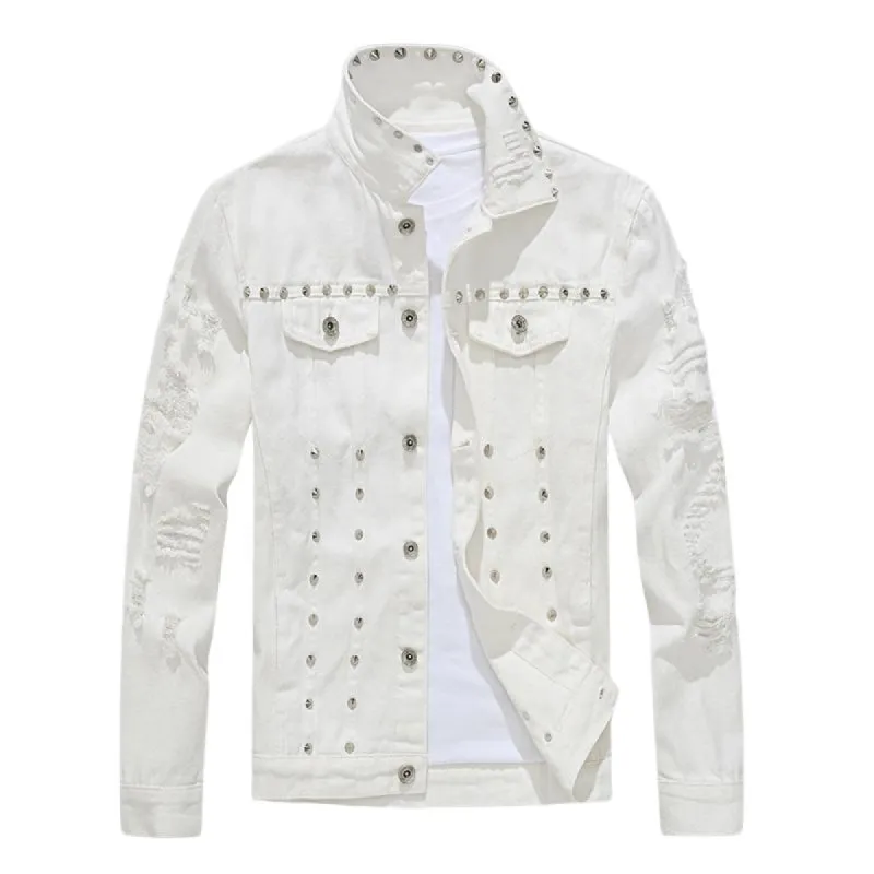 Men's Riveted Motorcycle Denim Ripped Jacket 41603325U sold by Manly