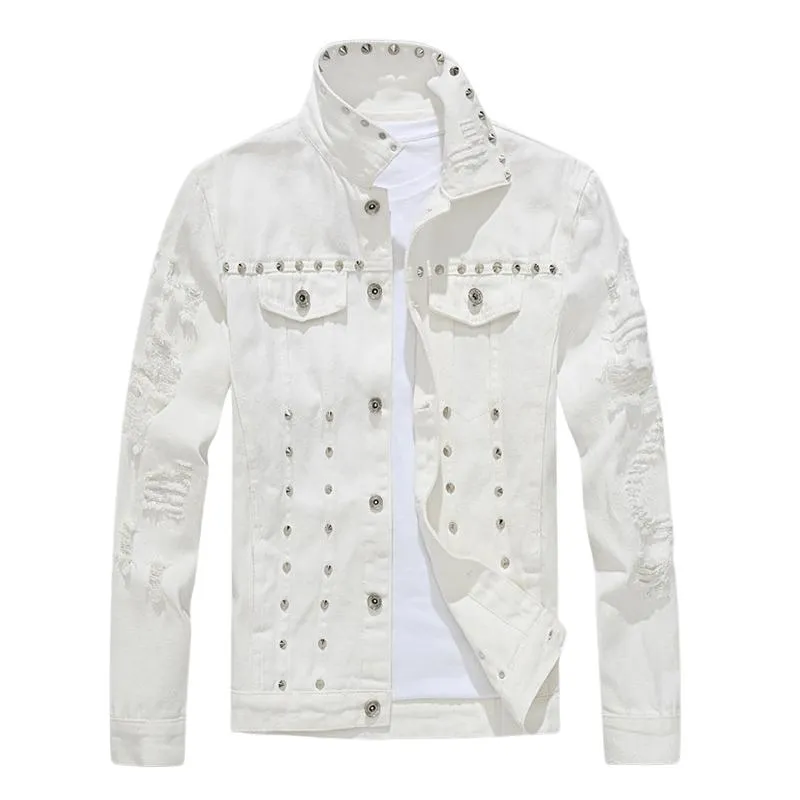Men's Riveted Motorcycle Denim Ripped Jacket 41603325U sold by Manly