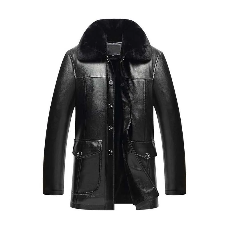 Men's Classic Casual Plus Velvet Mid-length Leather Jacket 25911097K sold by Manly