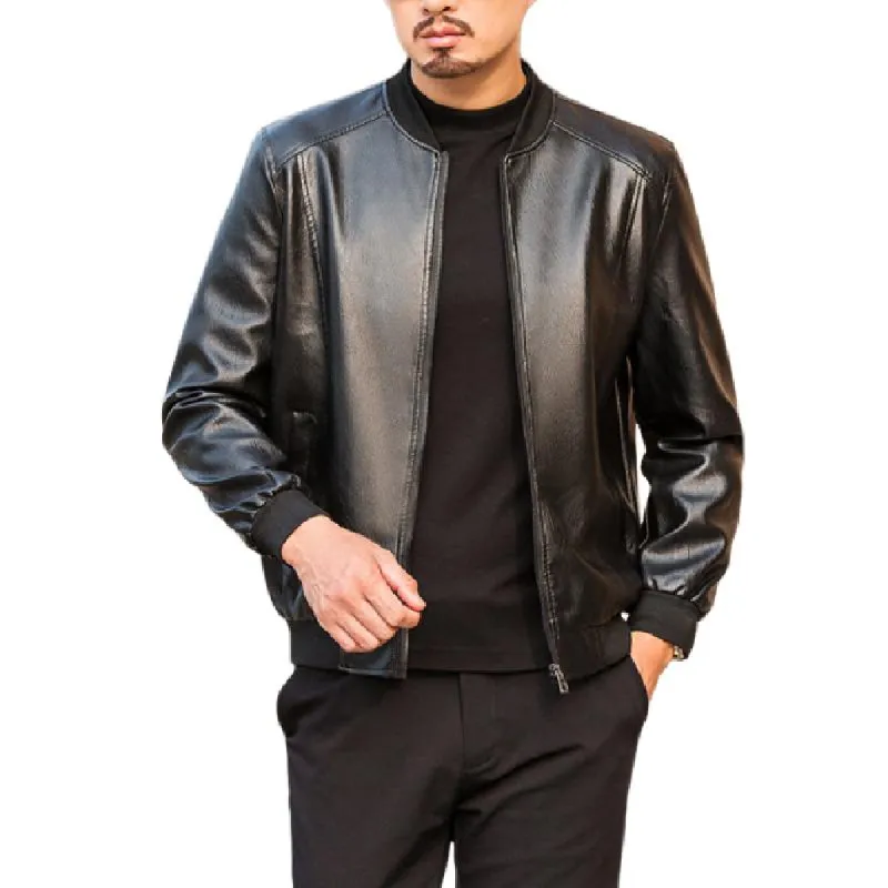 Men's Classic Casual Stand Collar Zipper Leather Jacket 12912787K sold by Manly