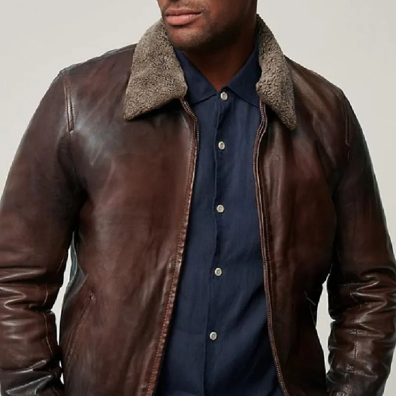 Men's Classic Vintage Fur Collar Zipper Leather Jacket 04533760K sold by Manly product image thumbnail 3