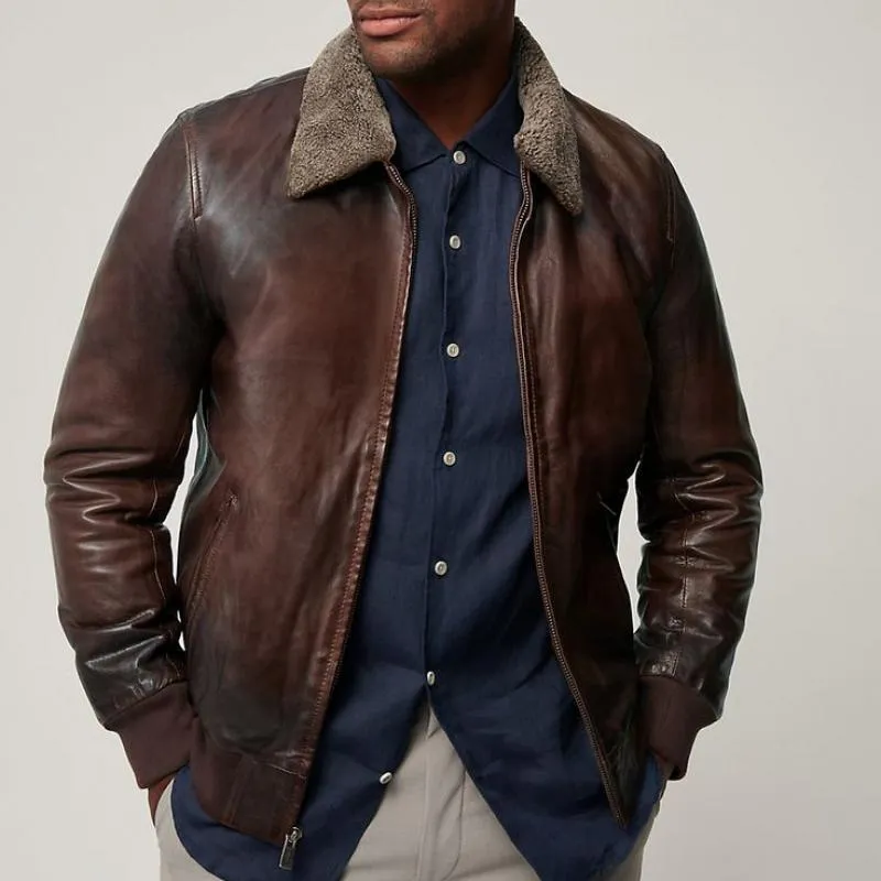 Men's Classic Vintage Fur Collar Zipper Leather Jacket 04533760K sold by Manly product image thumbnail 2