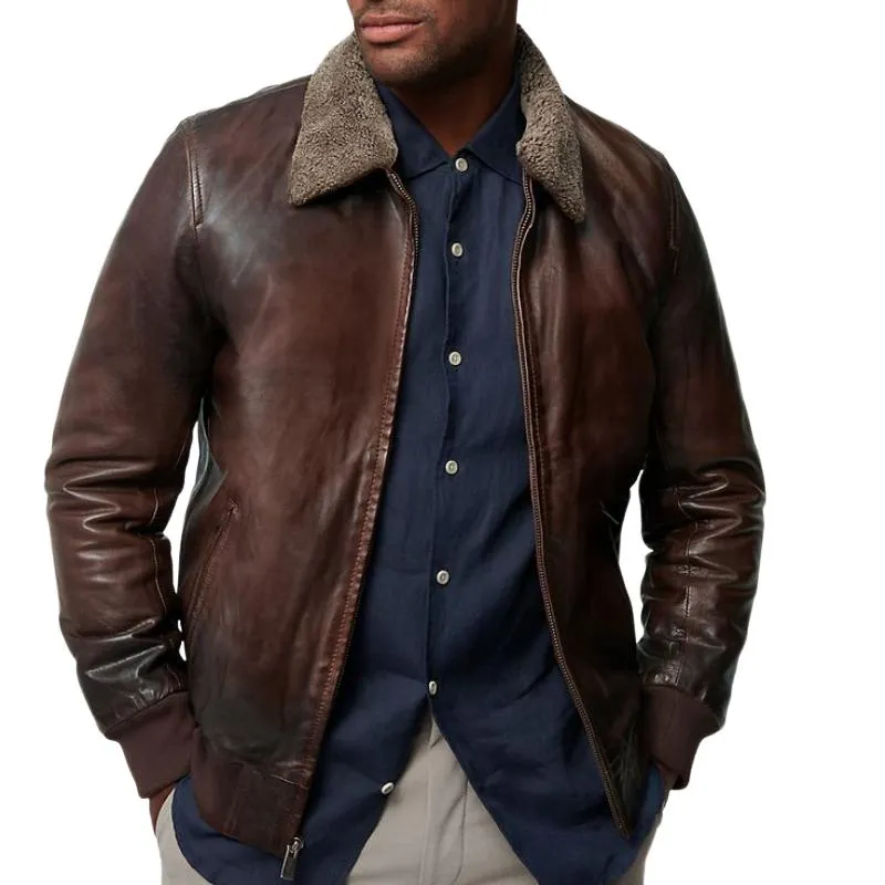 Men's Classic Vintage Fur Collar Zipper Leather Jacket 04533760K sold by Manly