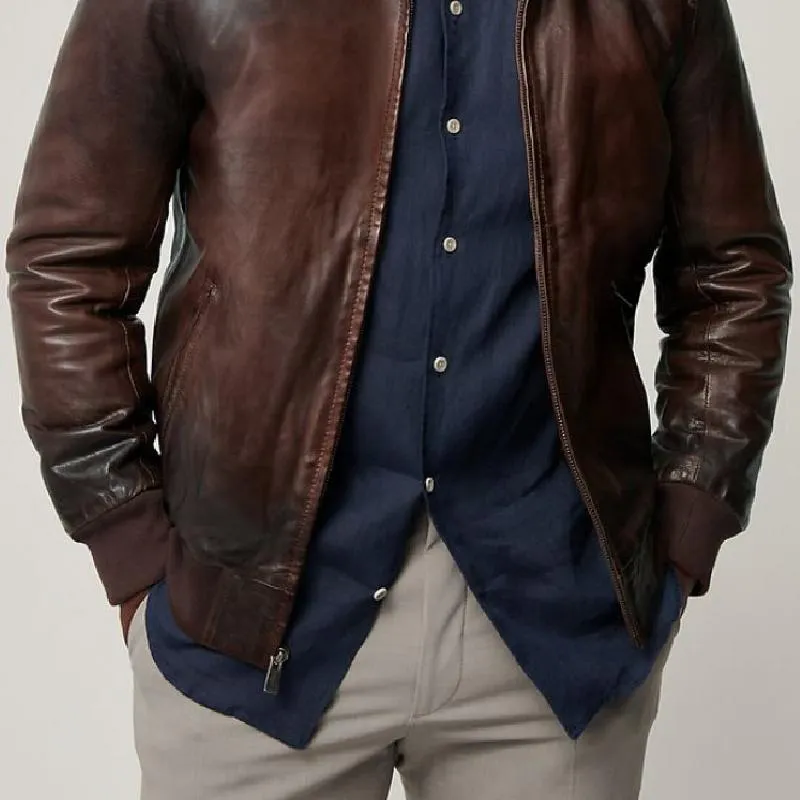 Men's Classic Vintage Fur Collar Zipper Leather Jacket 04533760K sold by Manly product image thumbnail 4