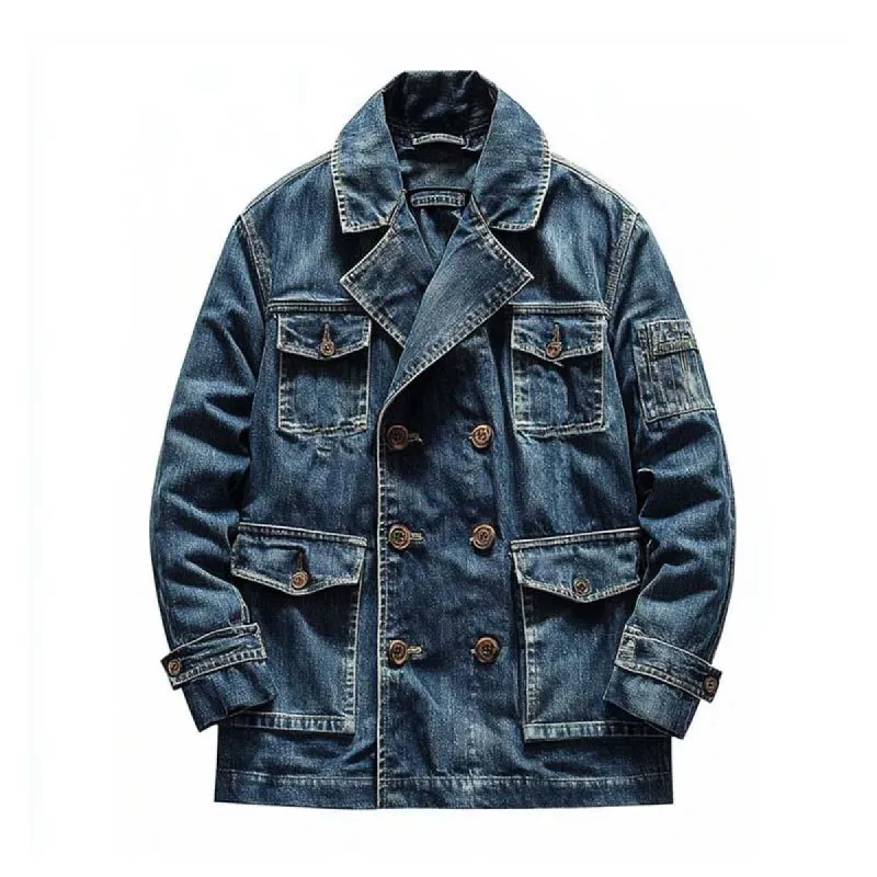Men's Classic Casual Double Breasted Multi-Pocket Denim Jacket 86085077K sold by Manly