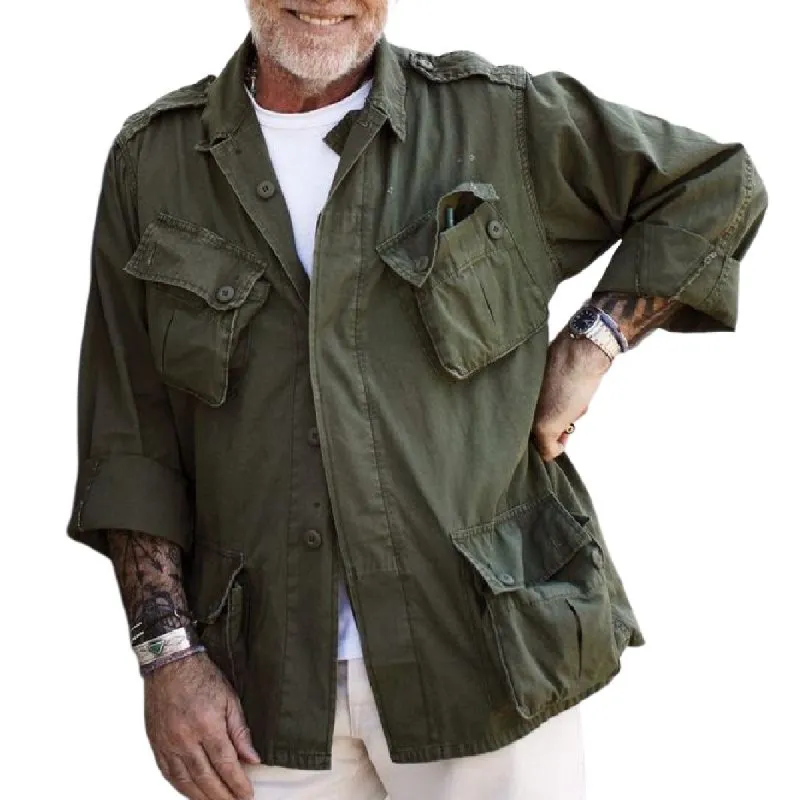 Men's Casual Canvas Multi-Pocket Lapel Jacket 37935195F sold by Manly